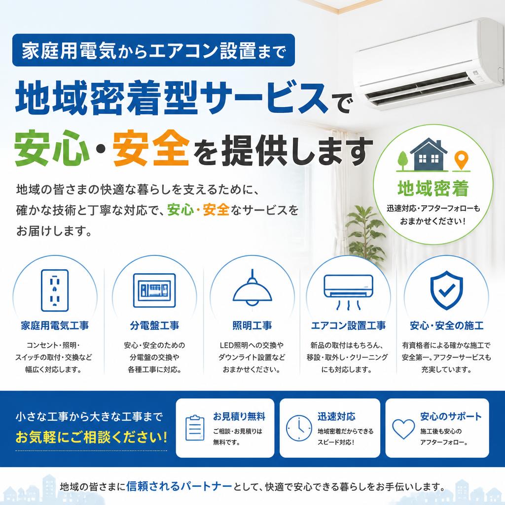 家庭用電気からエアコン設置まで、地域密着型サービスで安心・安全を提供する