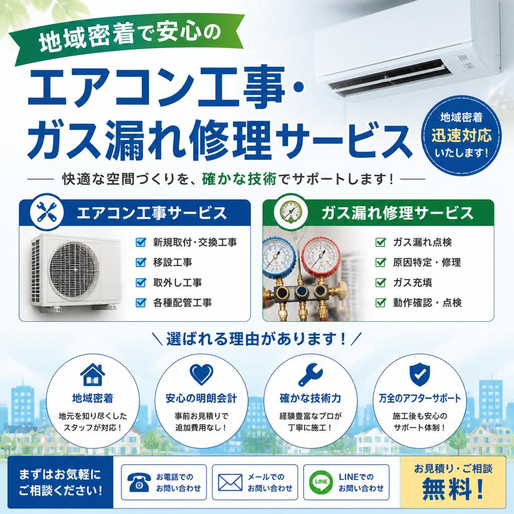 地域密着で安心のエアコン工事・ガス漏れ修理サービス