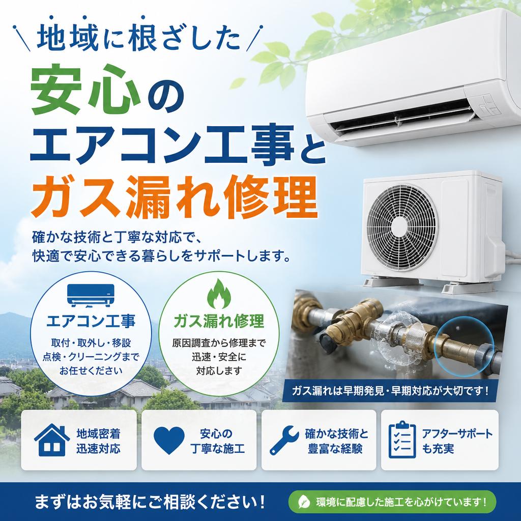 地域に根ざした安心のエアコン工事とガス漏れ修理